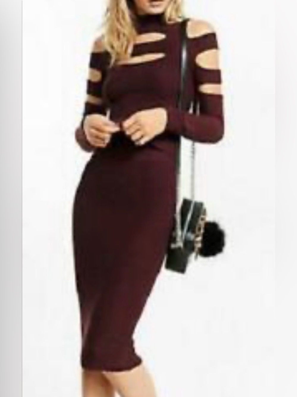 EXPRESS Burgundy Cutout Long Sleeve Sweater Top and Skirt Set NWT
